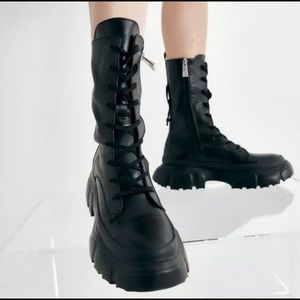 NEW! Zara Lace-Up Lug Sole Leather Combat Ankle Boots with Zipper Black 39 (8).